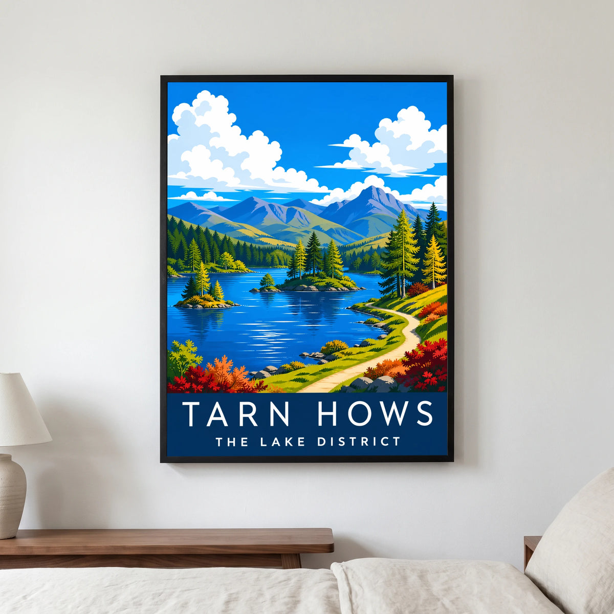 Tarn Hows travel poster in a black frame, hanging in a bedroom3