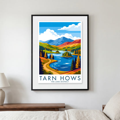 Tarn Hows travel poster in a black frame, hanging in a bedroom3