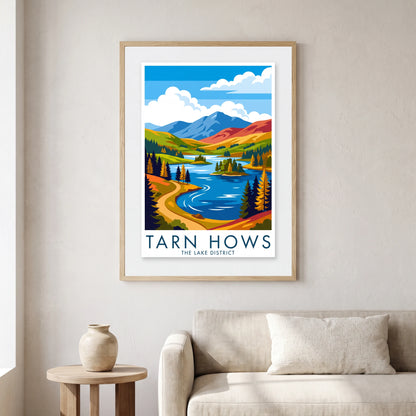 Tarn Hows travel poster in a natural frame, hanging in a living