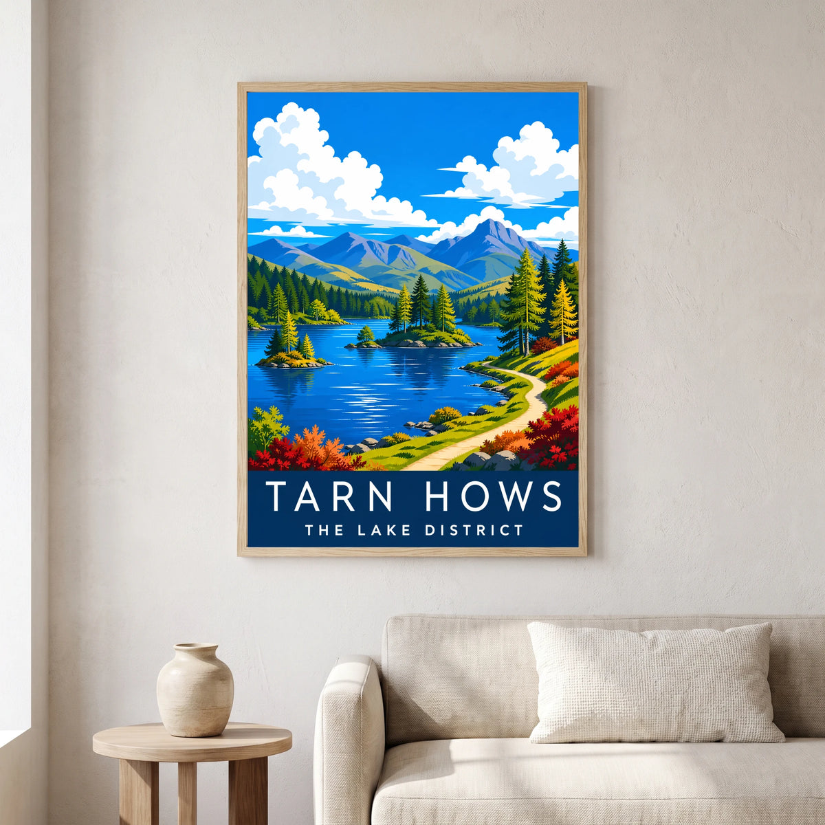 Tarn Hows travel poster in a natural frame, hanging in a living
