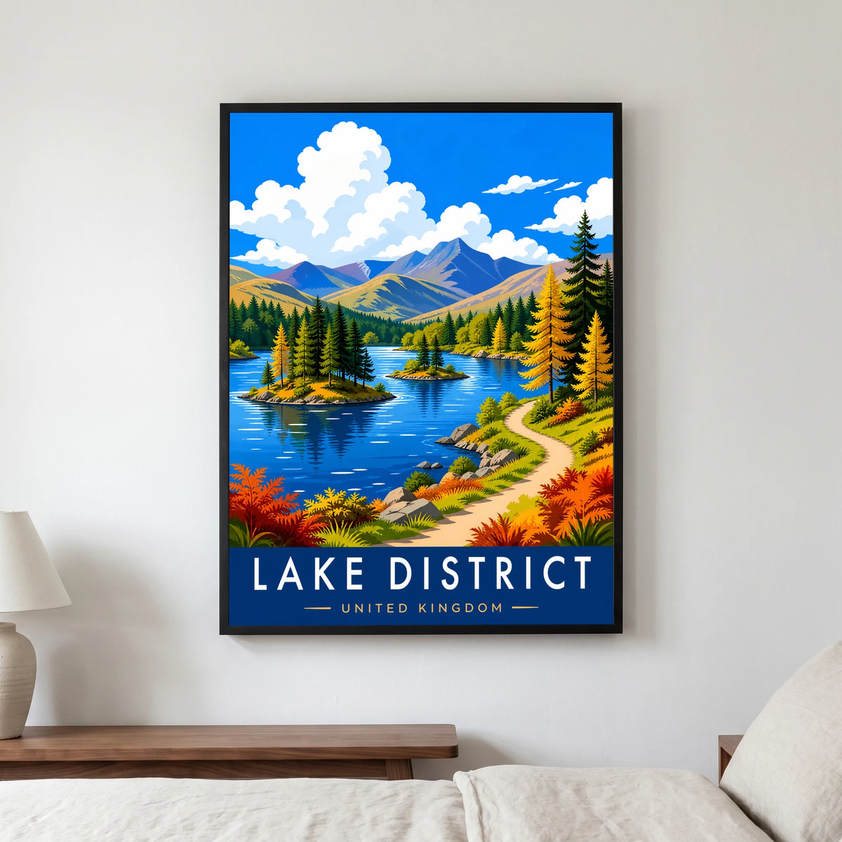 Tarn Hows travel poster in a black frame, hanging in a bedroom3