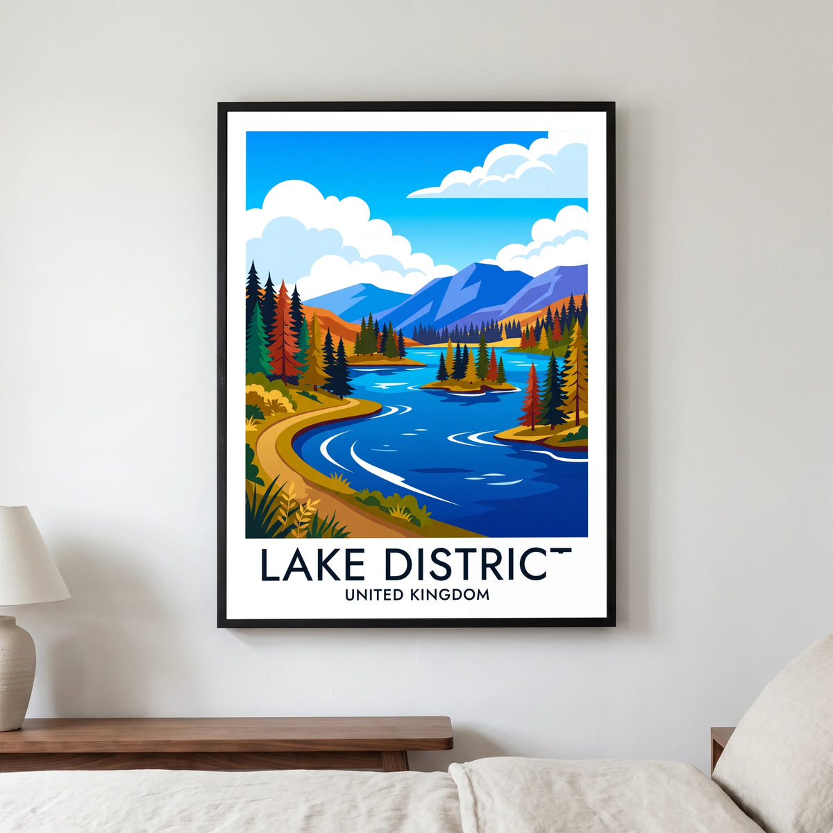 Tarn Hows travel poster in a black frame, hanging in a bedroom3