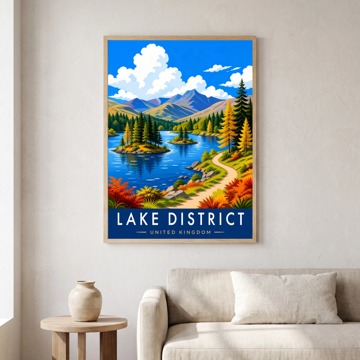 Tarn Hows travel poster in a natural frame, hanging in a living