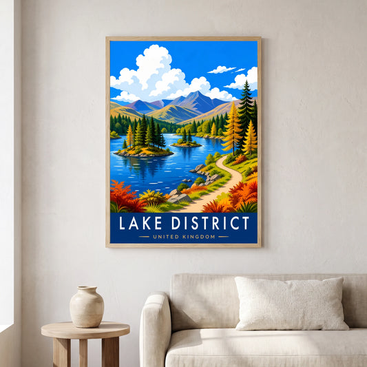 Tarn Hows travel poster in a natural frame, hanging in a living