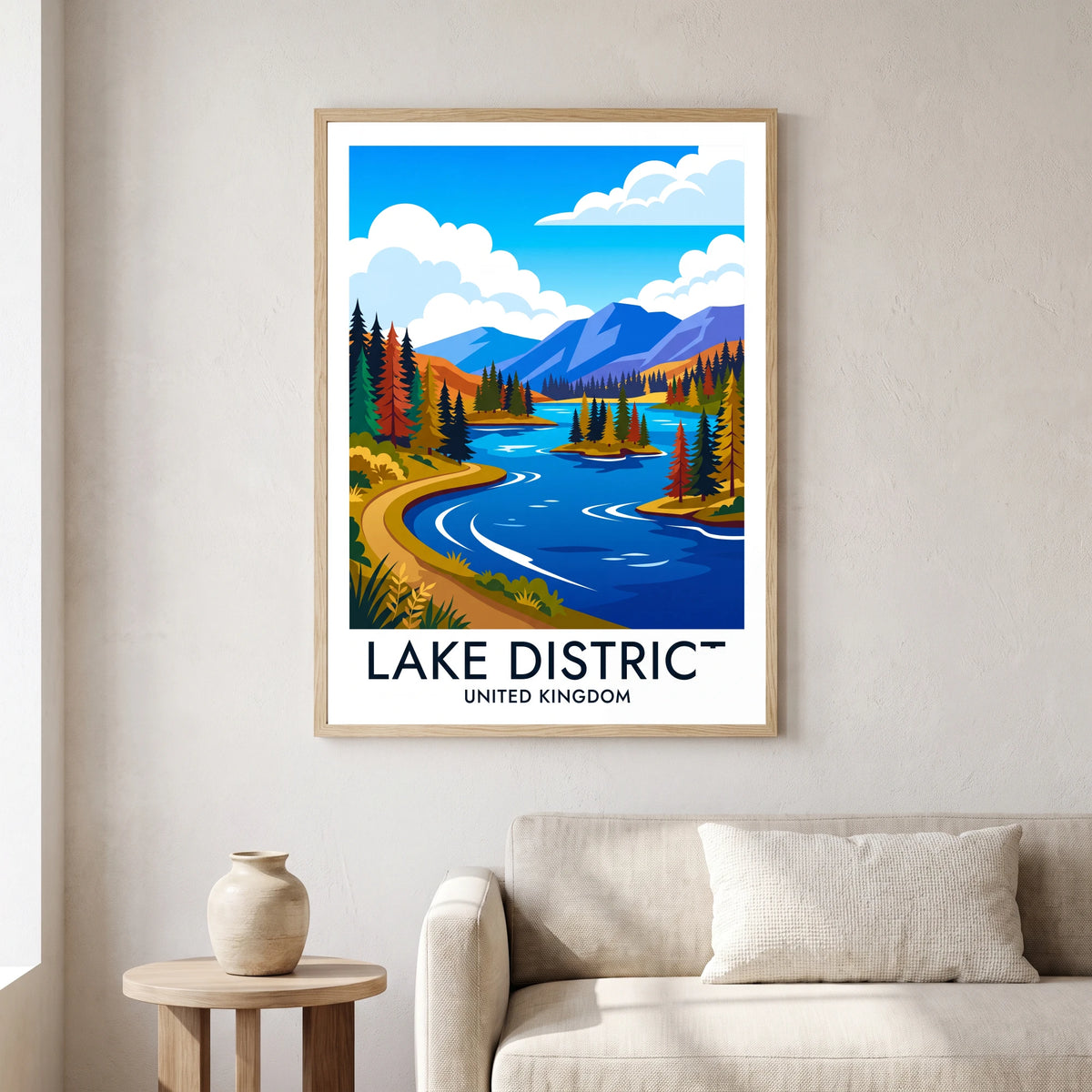 Tarn Hows travel poster in a natural frame, hanging in a living