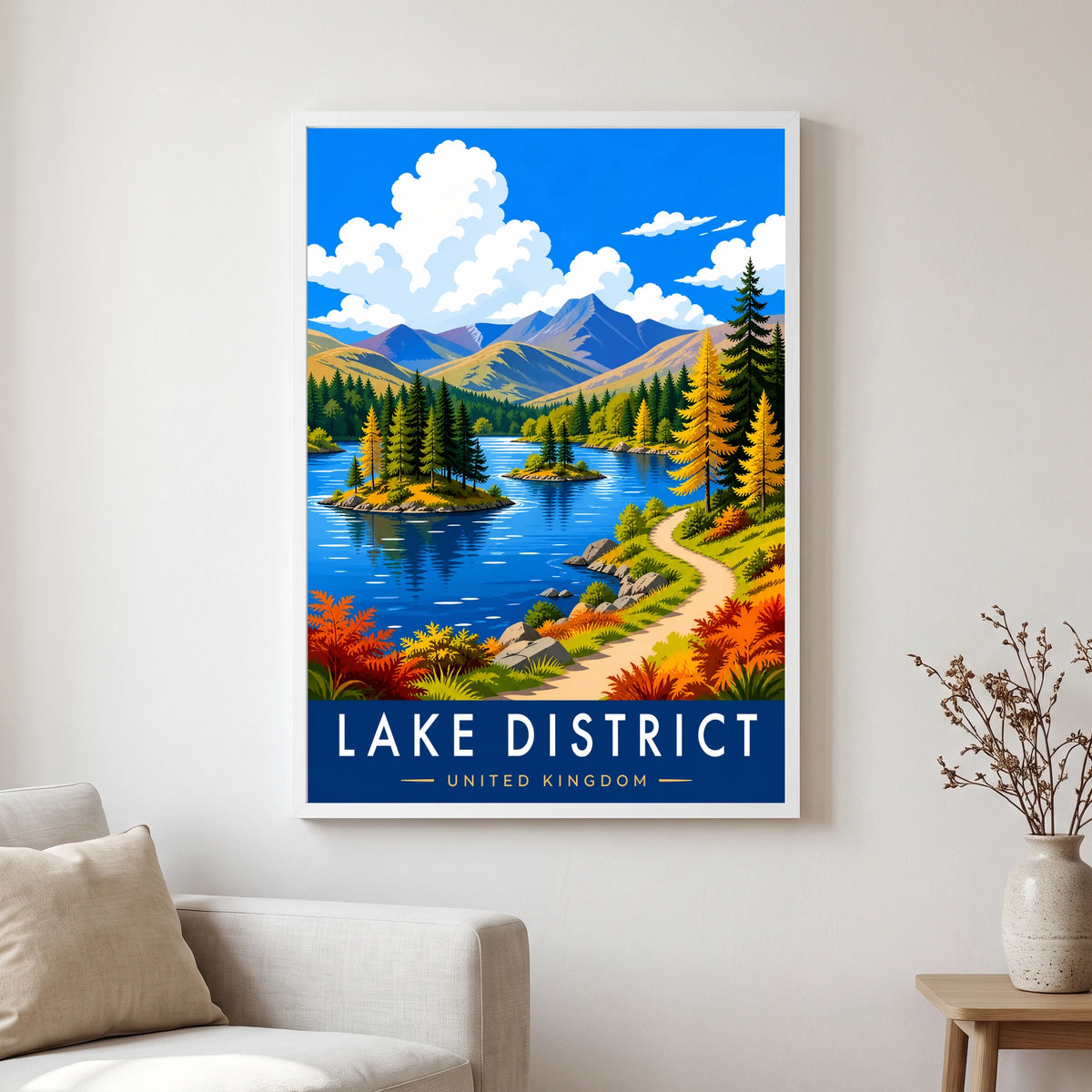 Tarn Hows travel poster in a white frame, hanging in a living2