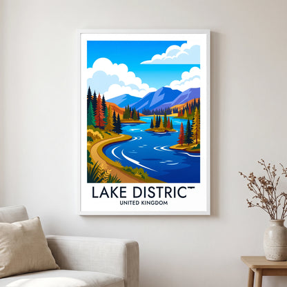 Tarn Hows travel poster in a white frame, hanging in a living2