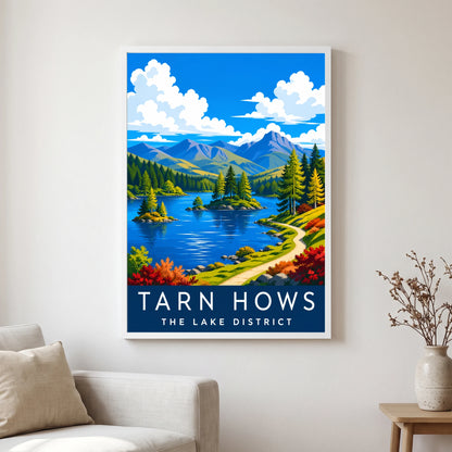 Tarn Hows travel poster in a white frame, hanging in a living2