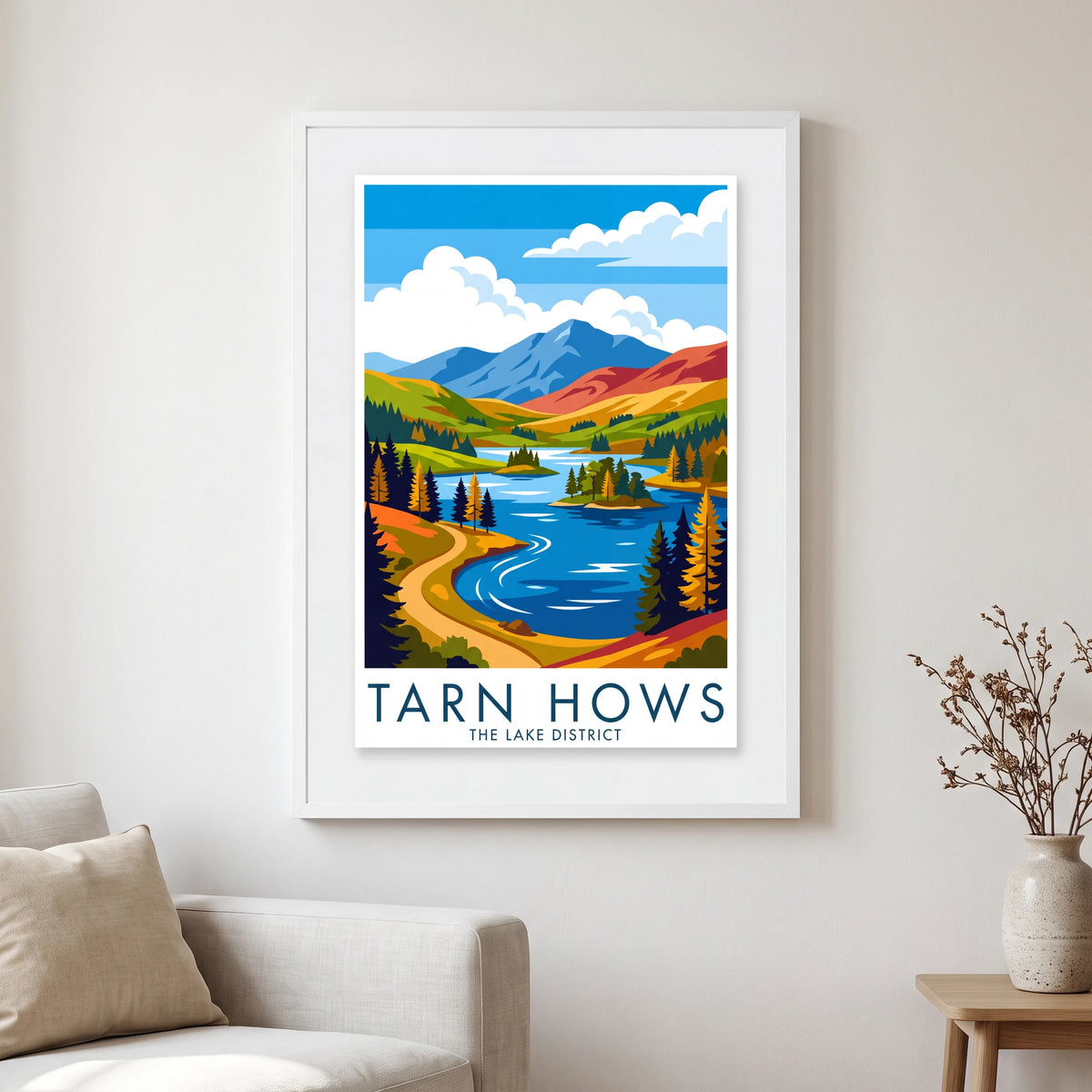 Tarn Hows travel poster in a white frame, hanging in a living2
