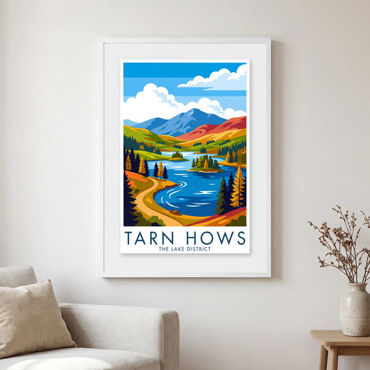 Tarn Hows travel poster in a white frame, hanging in a living2