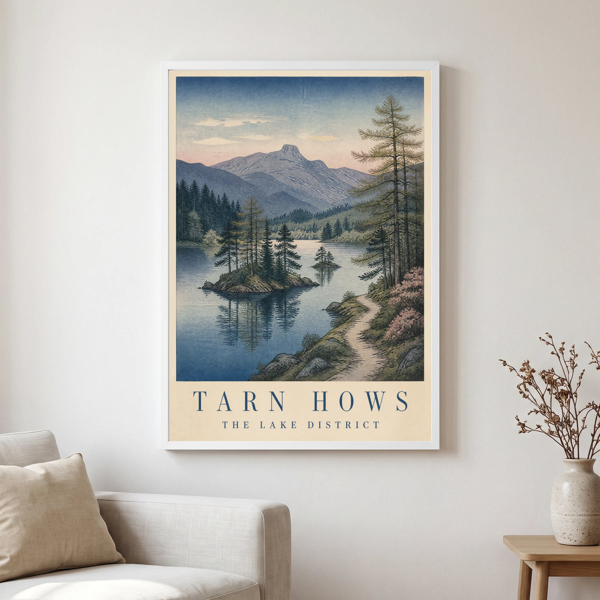 Tarn Hows travel poster in a white frame, hanging in a living2