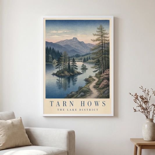 Tarn Hows travel poster in a white frame, hanging in a living2