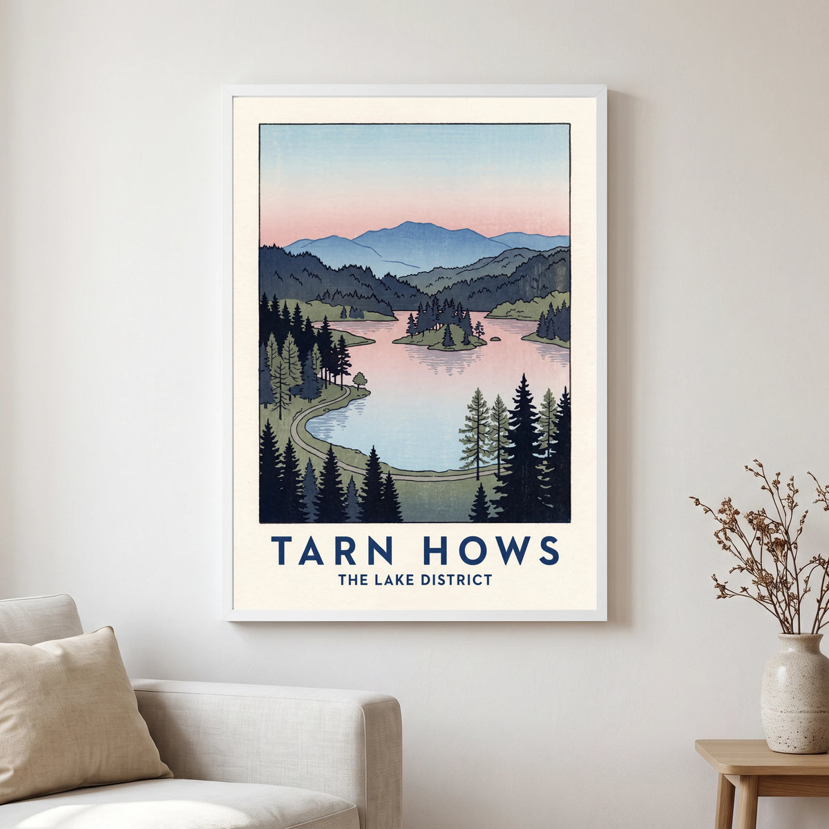 Tarn Hows travel poster in a white frame, hanging in a living2