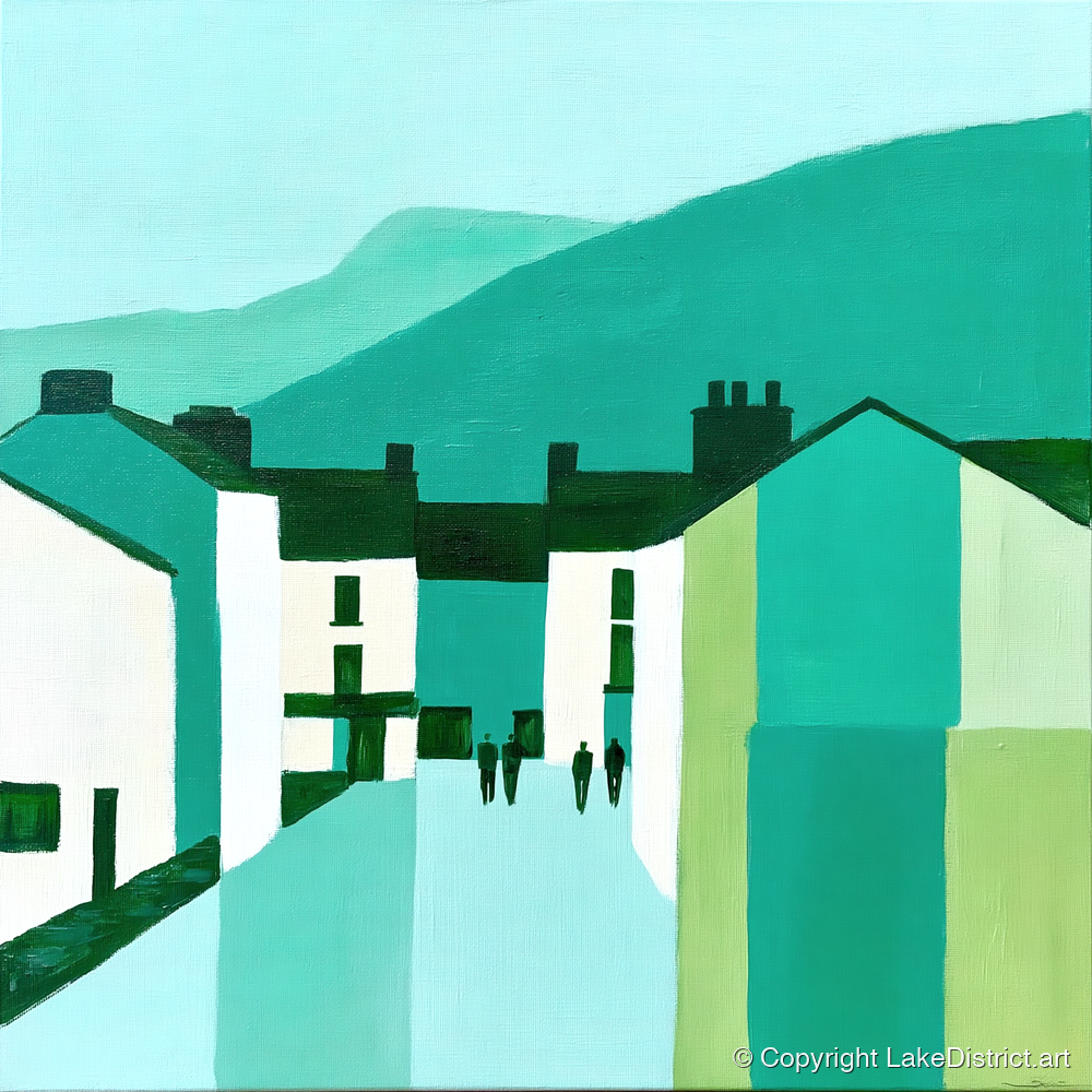 Teal Ambleside Street Scene - lake district village art print and canvas by Sebastian Finch A.I