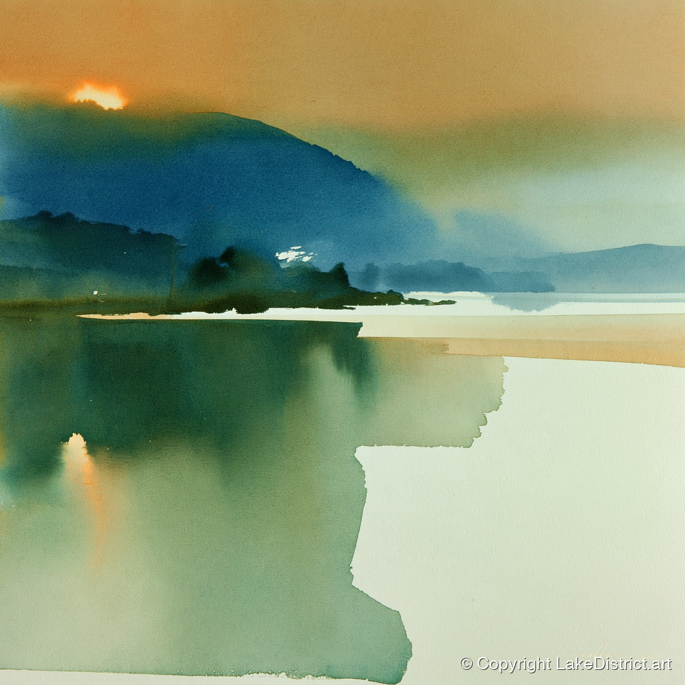 Teal and Gold Lake Sunset - lake district lake art print and canvas by Tristan Hayes A.I