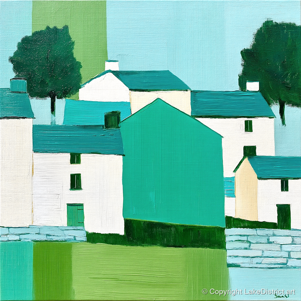 Teal And Green Hawkshead Village - lake district village art print and canvas by Sebastian Finch A.I