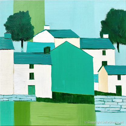 Teal And Green Hawkshead Village - lake district village art print and canvas by Sebastian Finch A.I