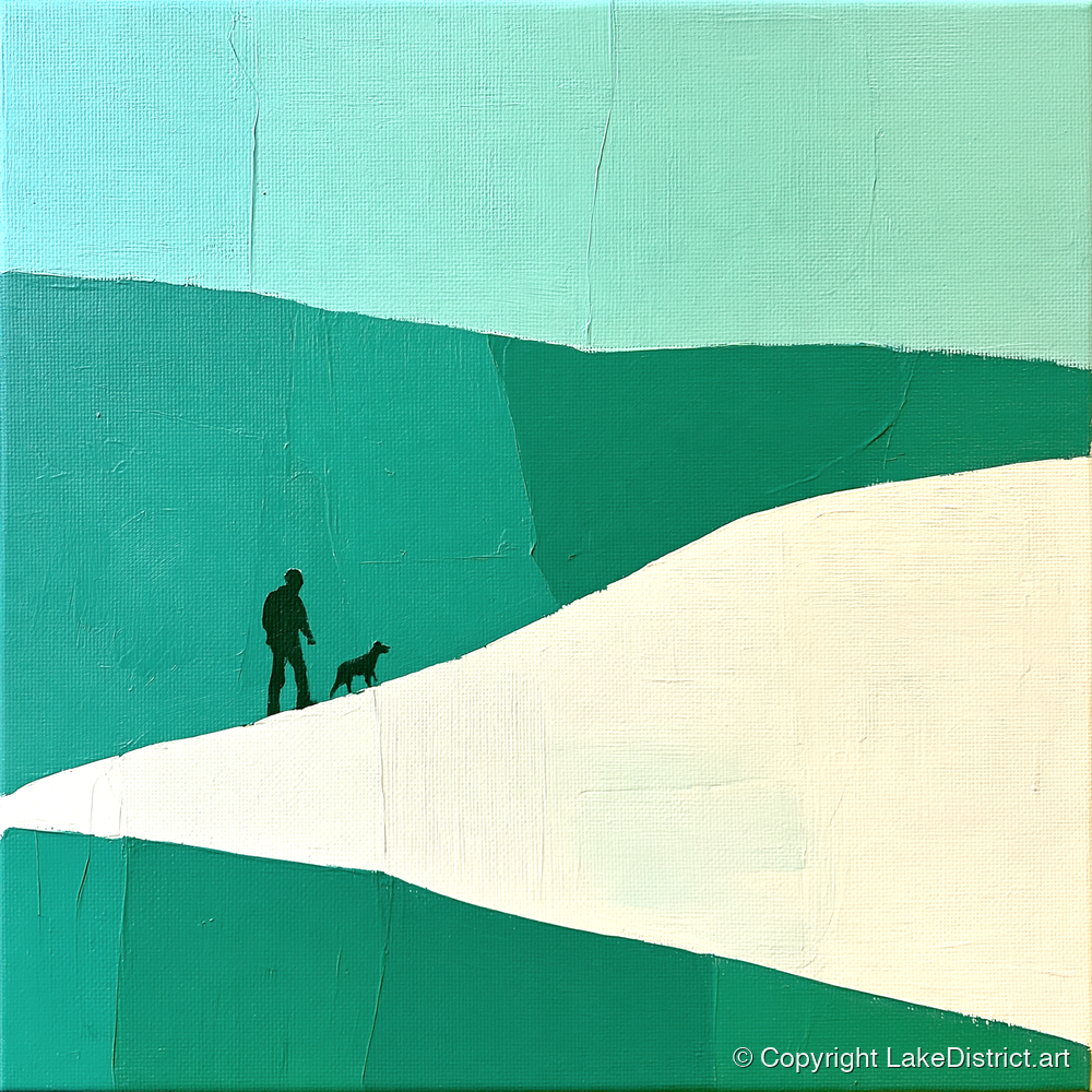 Teal and White Fell Walker - gifts for dog walkers art print and canvas by Sebastian Finch A.I