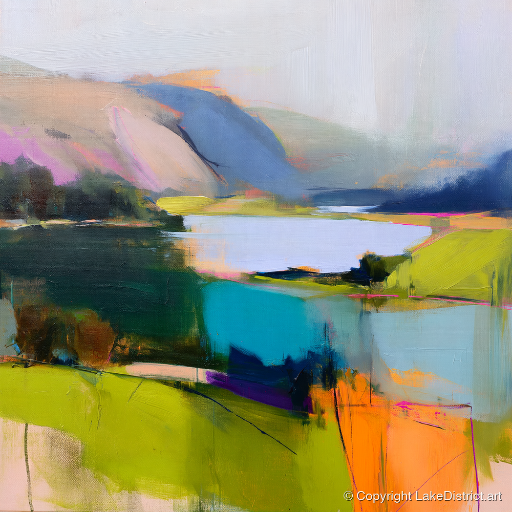 Teal Lake with Magenta Fells - lake district lake art print and canvas by Warren Yates A.I