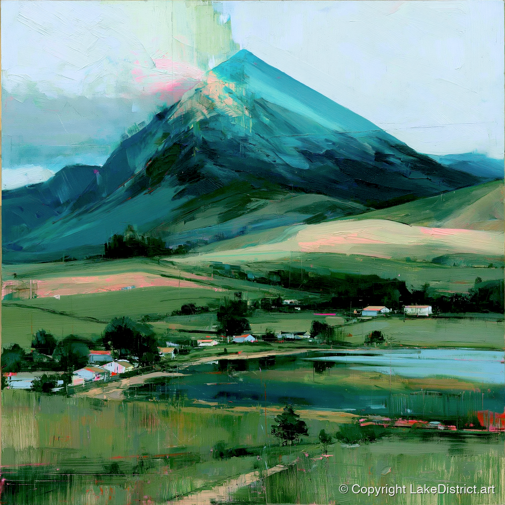Teal Mountain Above Lakeside Hamlet - lake district fell art print and canvas by Quentin Hart A.I