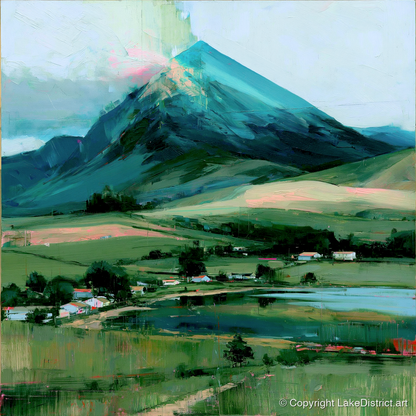 Teal Mountain Above Lakeside Hamlet - lake district fell art print and canvas by Quentin Hart A.I