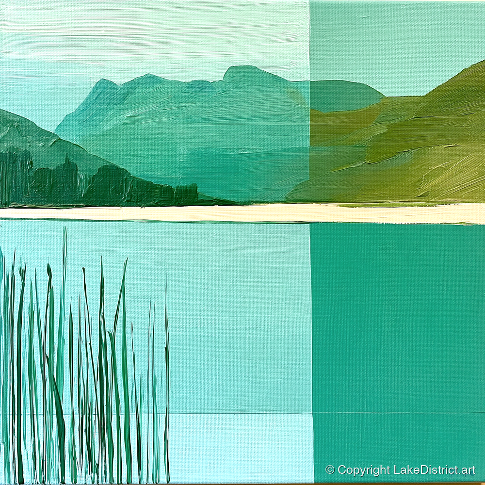 Teal Reeds at Elterwater - lake district lake art print and canvas by Sebastian Finch A.I