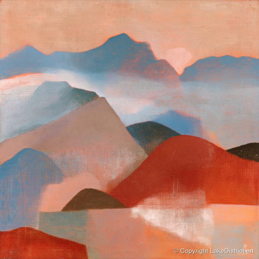 Terracotta and Blue Mountain Ridge - lake district fell art print and canvas by Arthur Pendelton A.I