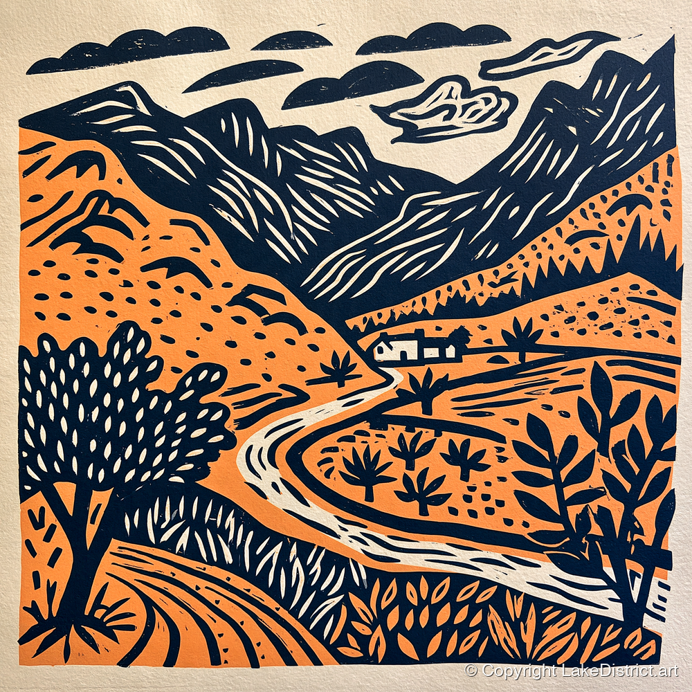 Terracotta And Navy Eskdale Valley - lake district valley art print and canvas by Leon Baxter A.I