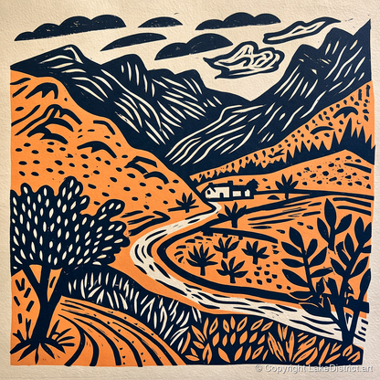 Terracotta And Navy Eskdale Valley - lake district valley art print and canvas by Leon Baxter A.I