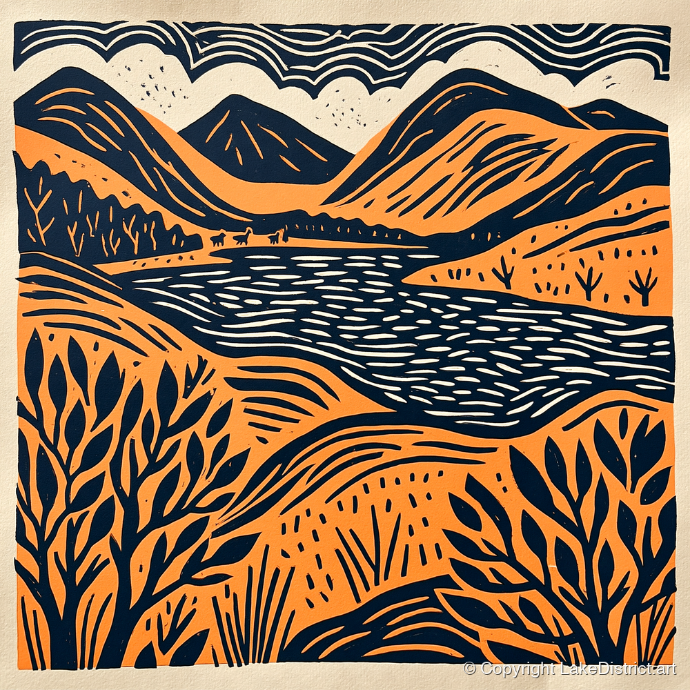 Terracotta and Navy Lake Fells - lake district lake art print and canvas by Leon Baxter A.I