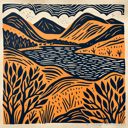 Terracotta and Navy Lake Fells - lake district lake art print and canvas by Leon Baxter A.I