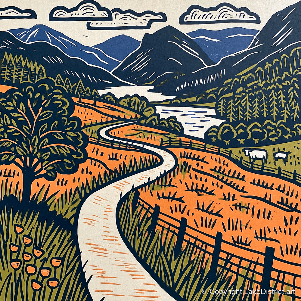 Terracotta Borrowdale Valley Path - lake district valley art print and canvas by Leon Baxter A.I