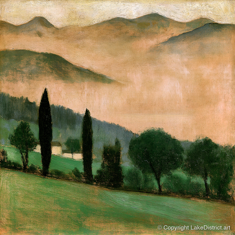 Terracotta Dawn over Misty Valley - lake district sky art print and canvas by Arabella Knight A.I