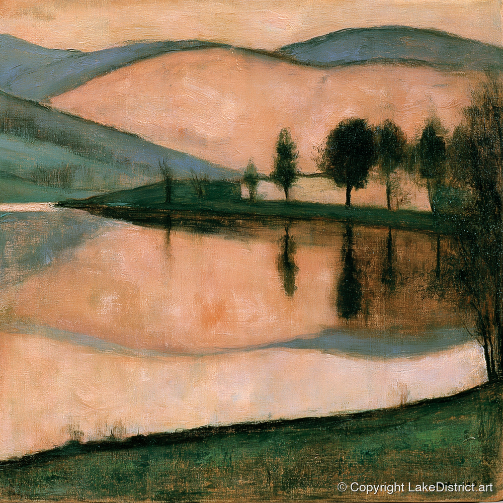 Terracotta Dawn Over Still Lake - lake district lake art print and canvas by Arabella Knight A.I