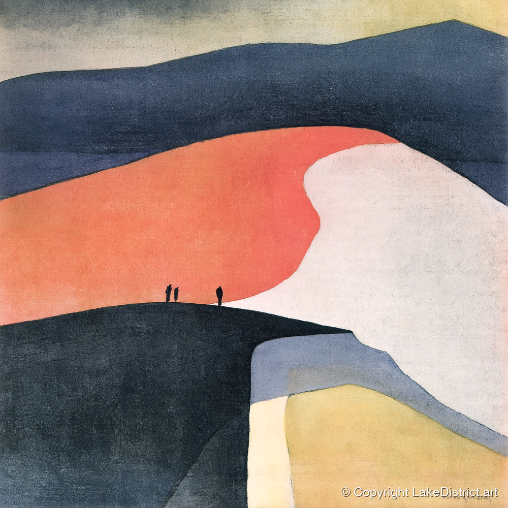 Terracotta Fell Top with Hikers - lake district fell art print and canvas by Edwin Locke A.I