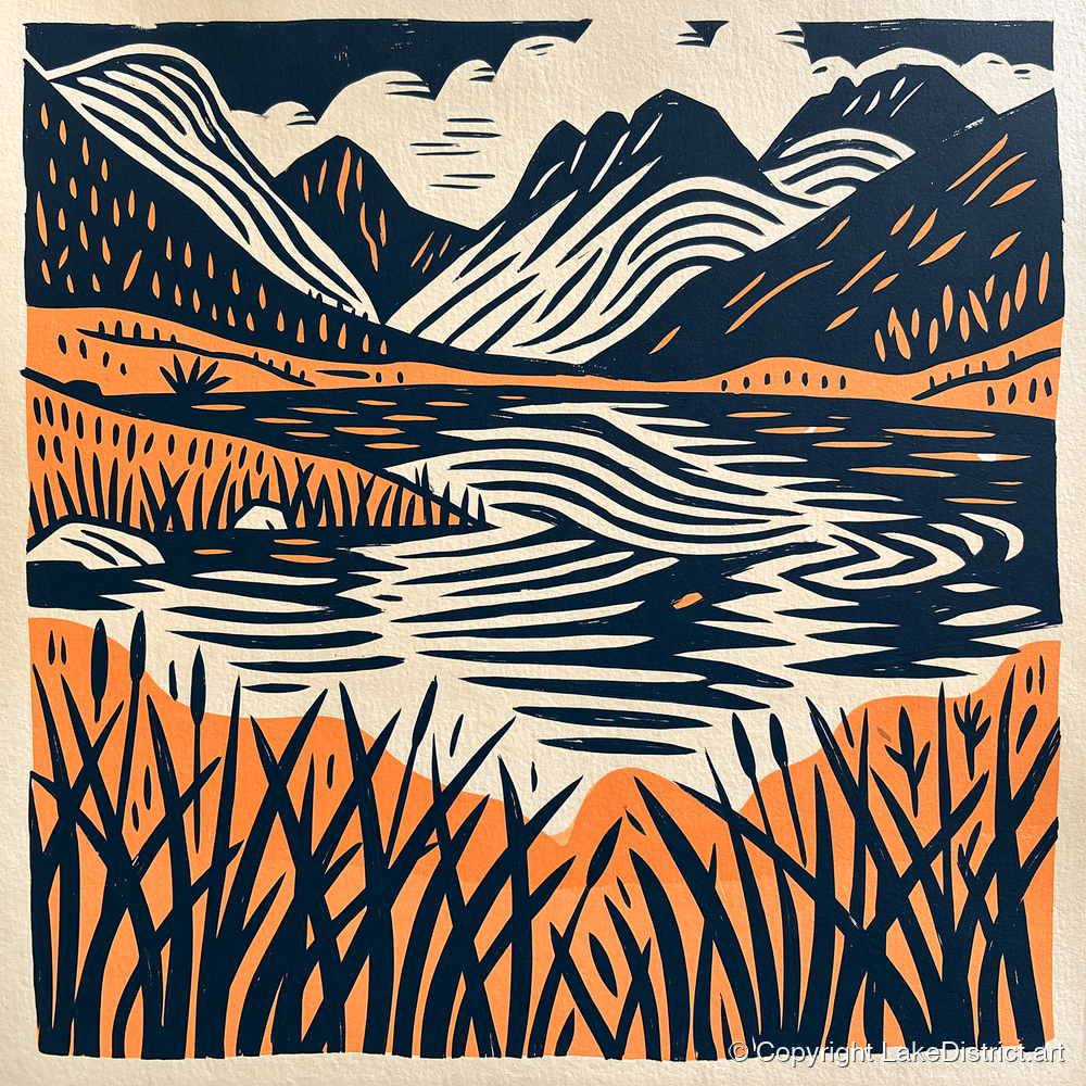 Terracotta Fells and Lake Reflections - lake district lake art print and canvas by Leon Baxter A.I
