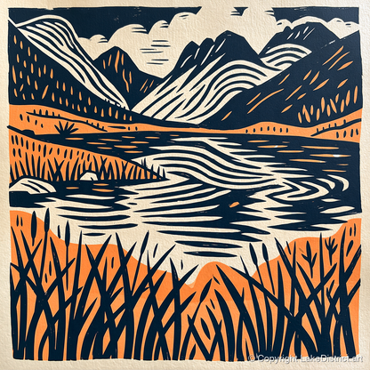 Terracotta Fells and Lake Reflections - lake district lake art print and canvas by Leon Baxter A.I