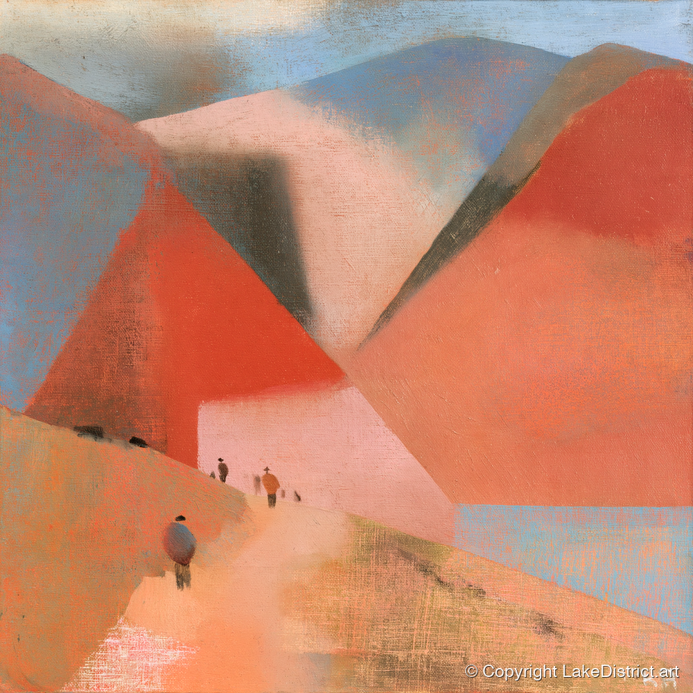 Terracotta Fells and Mountain Walkers - lake district walking art print and canvas by Arthur Pendelton A.I