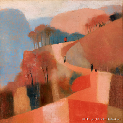 Terracotta Mountain Path Walkers - lake district walking art print and canvas by Arthur Pendelton A.I