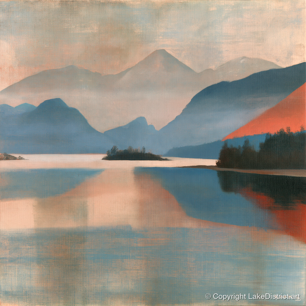 Terracotta Sunset on Derwentwater - lake district lake art print and canvas by Arthur Pendelton A.I
