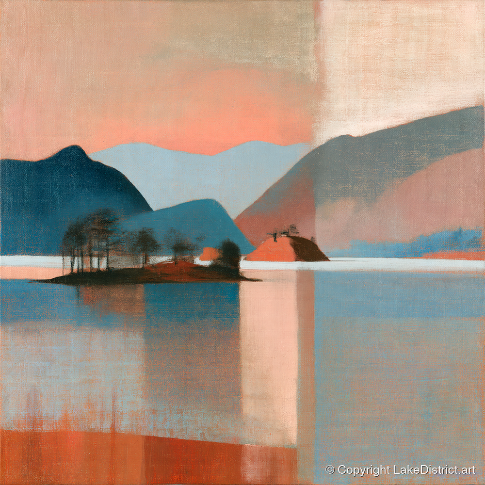 Terracotta Sunset Over Derwentwater - lake district lake art print and canvas by Arthur Pendelton A.I
