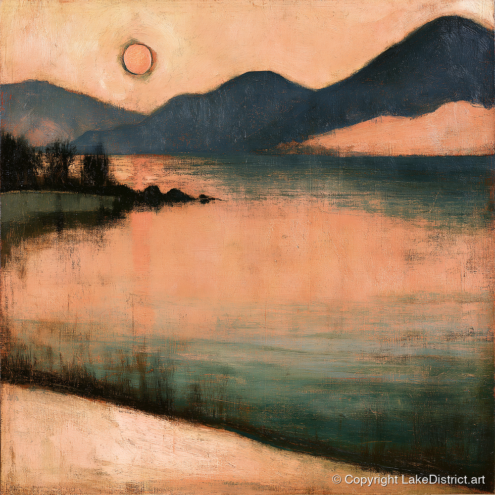 Terracotta Sunset Over Lakeland Water - lake district lake art print and canvas by Arabella Knight A.I
