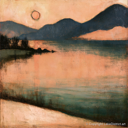 Terracotta Sunset Over Lakeland Water - lake district lake art print and canvas by Arabella Knight A.I