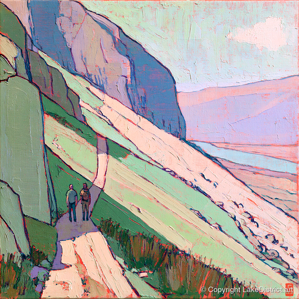 Textured Mountain Path With Walkers - lake district walking art print and canvas by Cedric Montgomery A.I