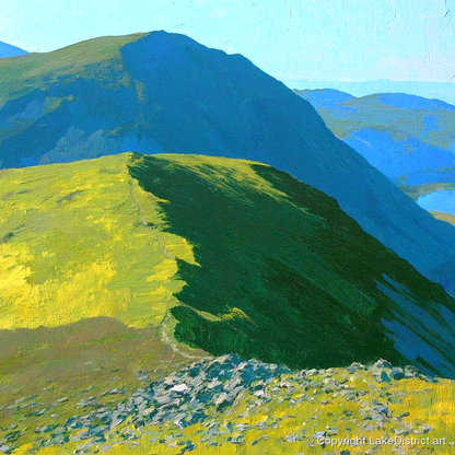 The Knott Ridge Path in Sunlight - lake district fell art print and canvas by Daphne Morley A.I