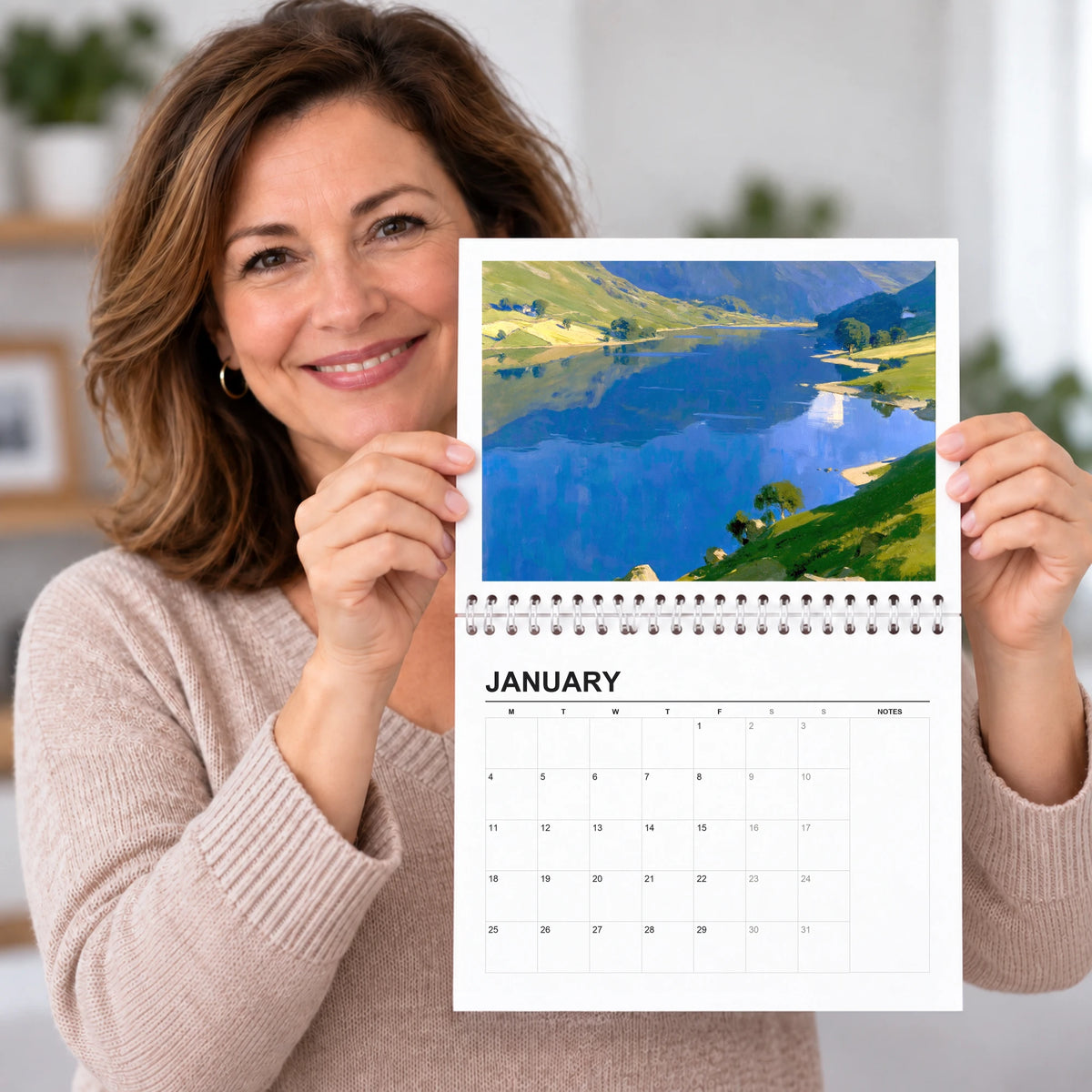 The Lakes 2027 wall calendar held open, painting above the dates, a Lake District gift