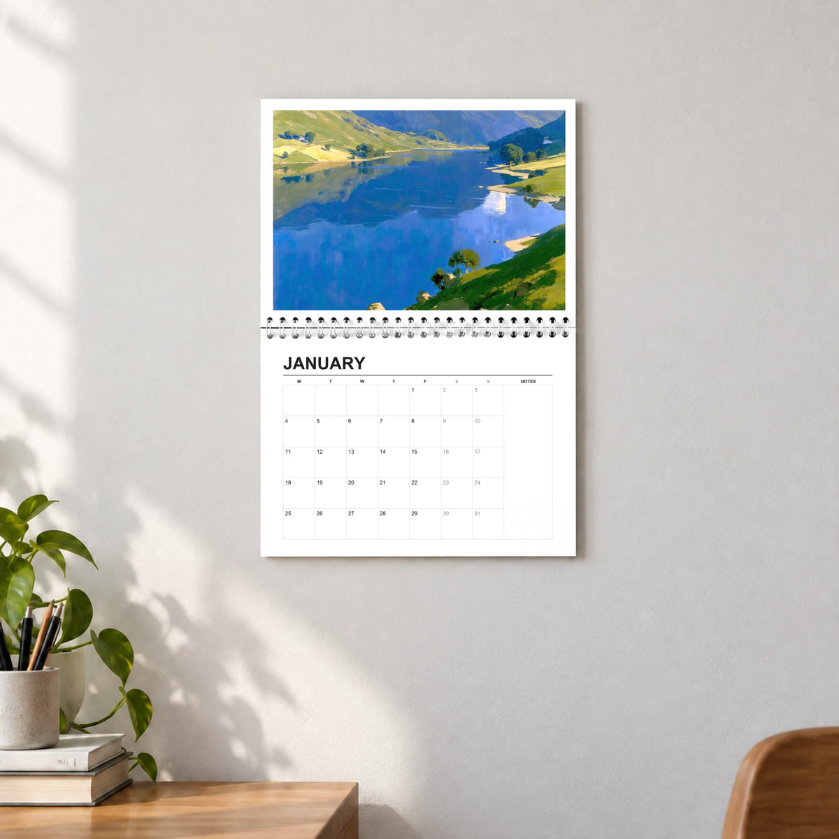 The Lakes 2027 wall calendar hanging in a lounge