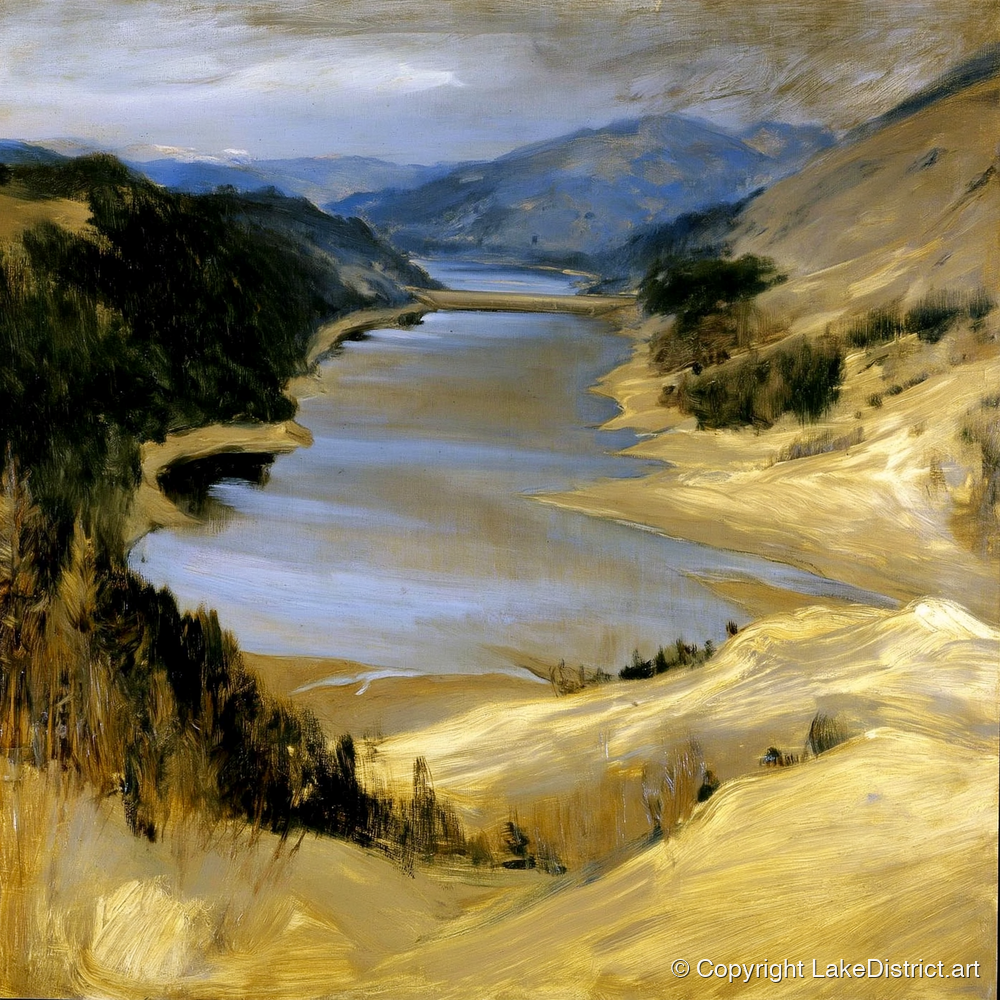 Thirlmere Reservoir in Golden Ochre - lake district lake art print and canvas by Samuel Pembroke A.I