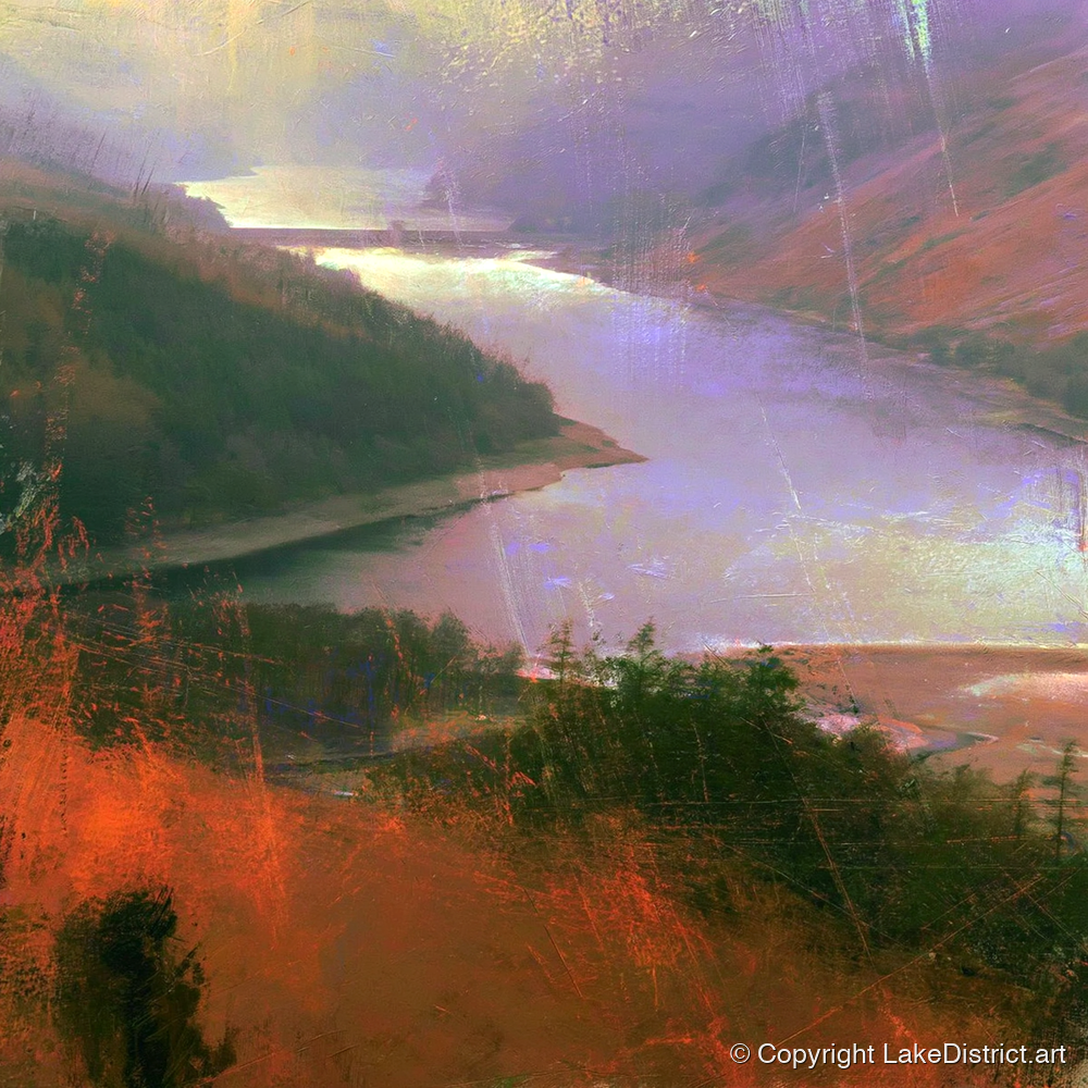 Thirlmere Reservoir Under Violet Skies - lake district lake art print and canvas by Rupert Kingsley A.I