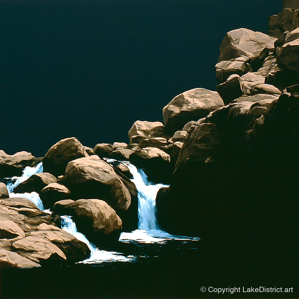 Tumbling Waterfall Among Sunlit Boulders - lake district waterfall art print and canvas by Adelaide Calloway A.I